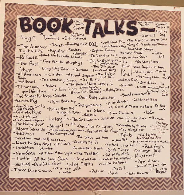 book-talks A classroom poster titled Book Talks with a list of books read by the class below