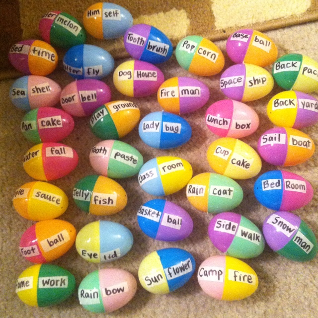 compound-words compound words written on plastic eggs for a plastic egg activity