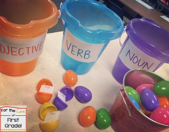 easter_egg_classroom_words Easter eggs in buckets labelled objective, verb, noun.