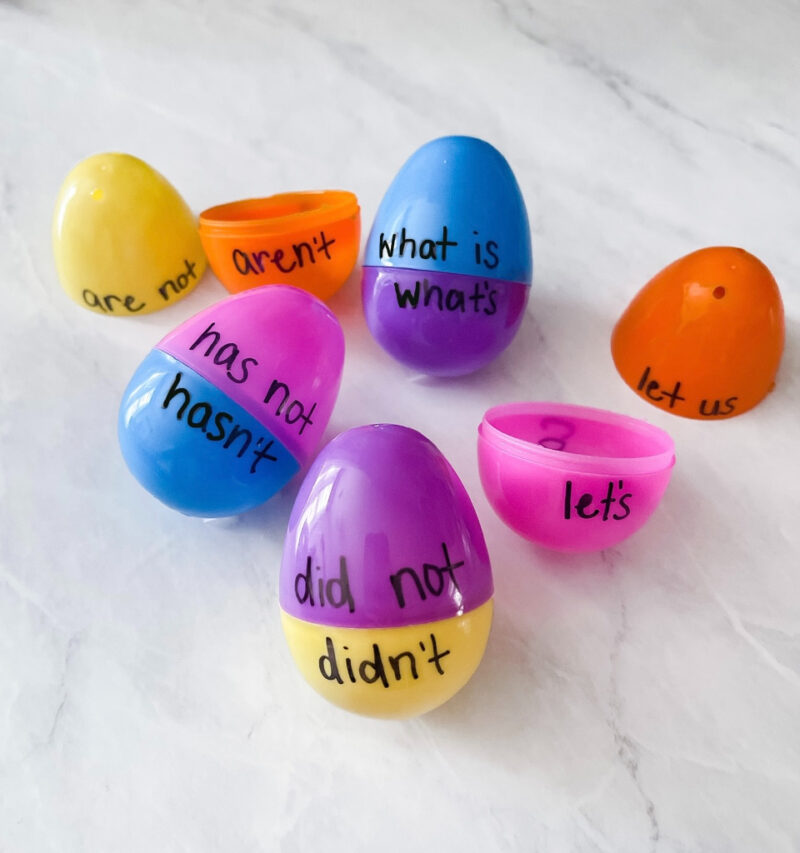 egg-contractions eggs with contractions written on them for a plastic egg activity