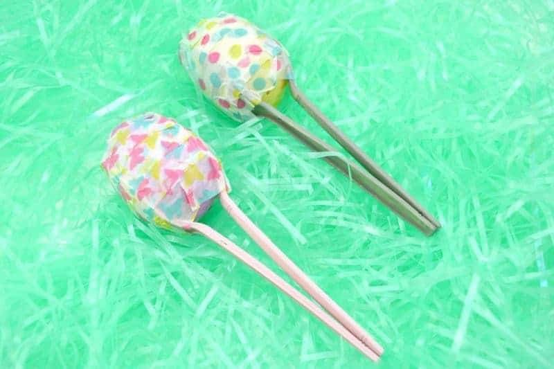 egg-maracas plastic egg activity with chopsticks to make maracas