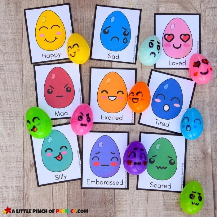 eggemotions cards have pictures of eggs on them with different emotions. Plastic eggs have matching faces drawn on them.