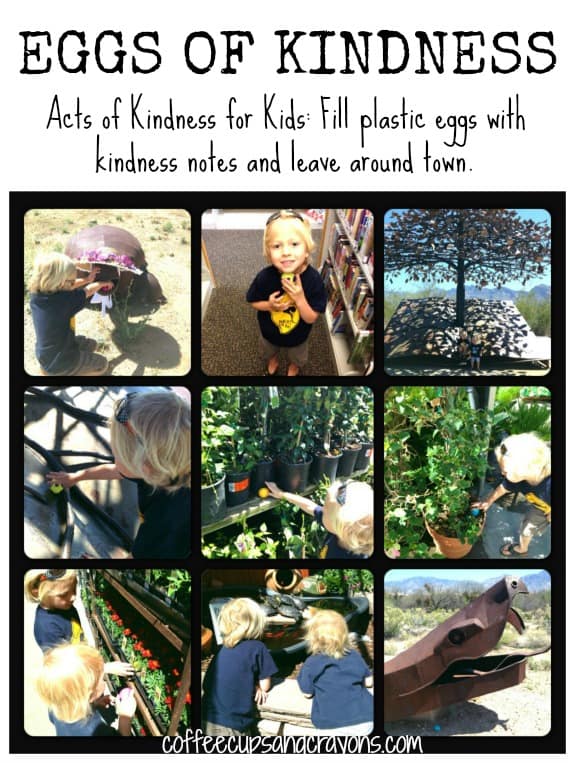 eggsofkindness A montage of photos shows children hiding plastic eggs in various places.