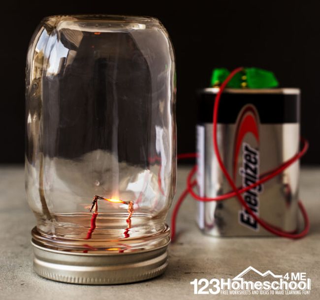 Eighth Grade Science Experiments: Lightbulbs Simple lightbulb built from a glass jar, battery, and wires