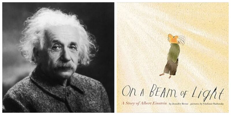 einstein-collage A photo of ALbert Einstein next to a picture of a book about Einstein