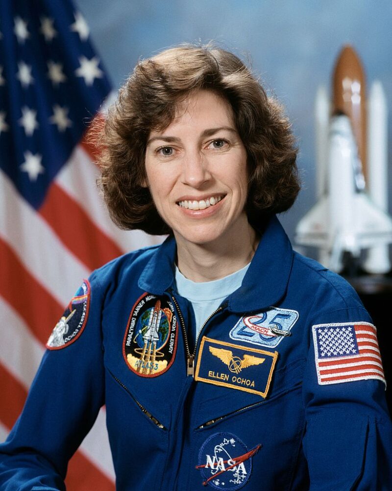 Famous Women in History Portrait of NASA Astronaut Ellen Ochoa wearing a blue flight suit.