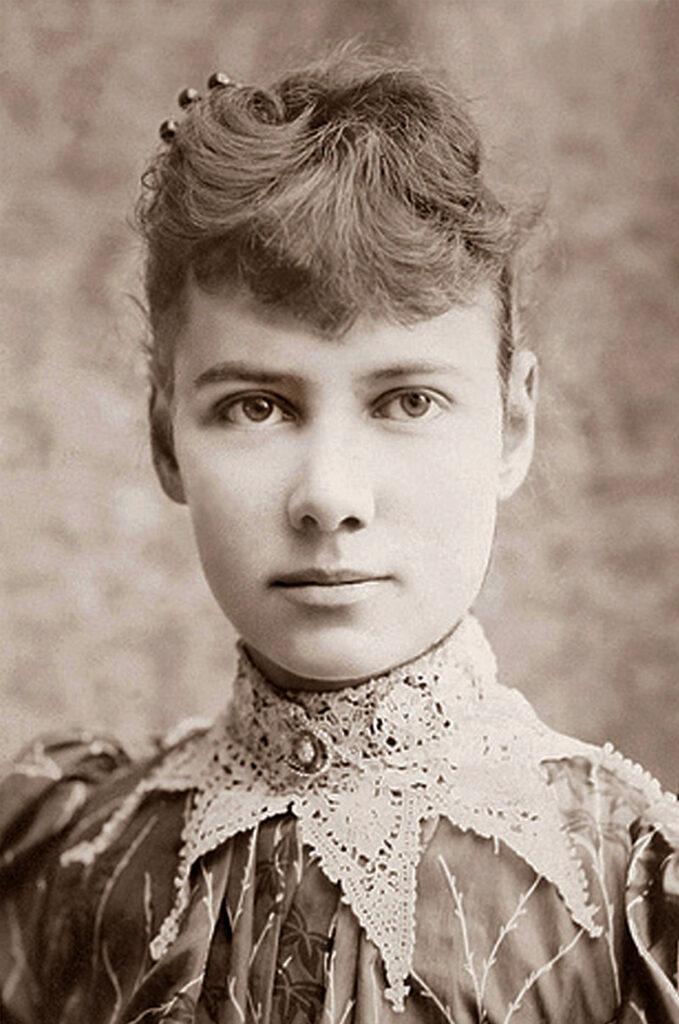 Famous Women in History Nellie Bly (Pseudonym of Elizabeth Cochrane Seaman), head and shoulders portrait circa 1890.