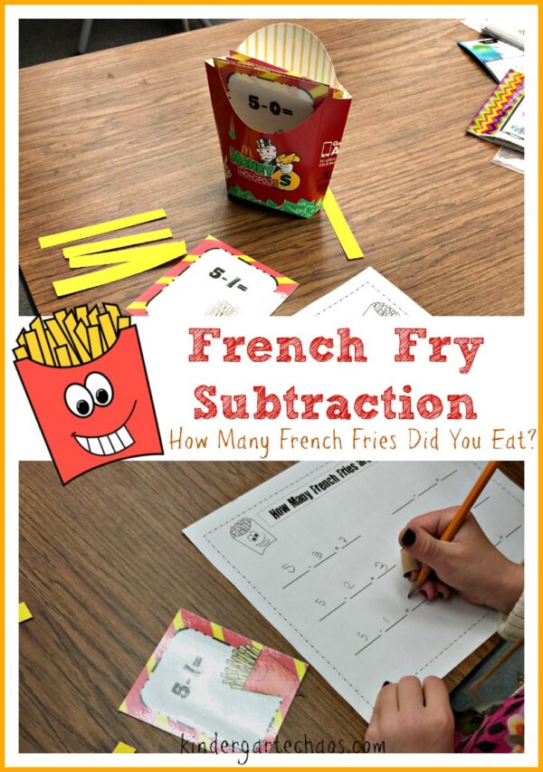 french-fry-subtraction French Fry Subtraction game with a cardboard french fry box and paper french fries next to a subtraction worksheet