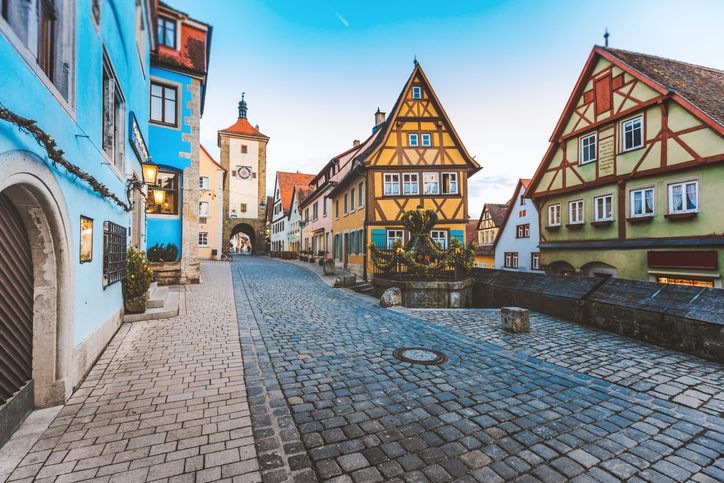 Old Town of Rothenburg ob der Tauber, Germany Historic town Rothenbourg ob der Tauber with colorful houses on street, Franconia, Bavaria, Deutschland.