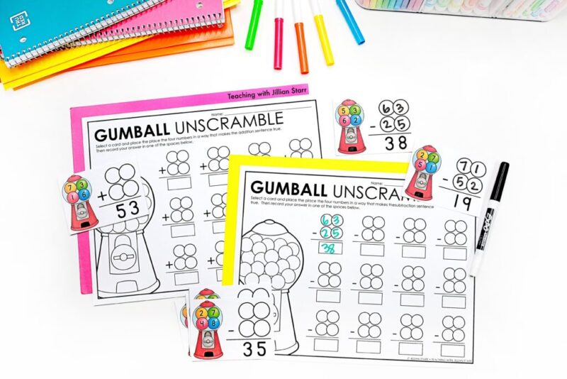 gumball-unscramble-math A math worksheet featuring a gum ball machine with subtraction problems