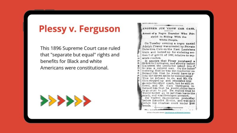 Plessy v. Ferguson 2 Jim Crow Laws for Kids Google slide about Plessy v. Ferguson with newspaper clipping image.