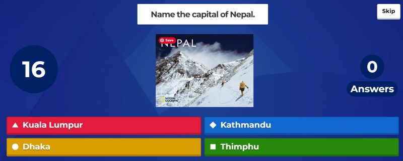 Kahoot Geography Bee Kahoot question asking students to name the capital of Nepal