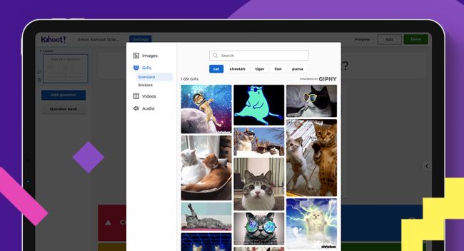 Kahoot Ideas: Animated Gifs Screen shot showing how to add animated gifs to a Kahoot
