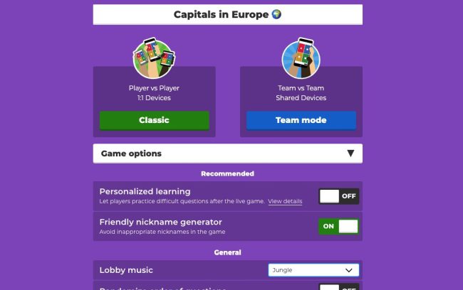 Kahoot Ideas: Nicknames Kahoot starting screen showing Nickname generator enabled
