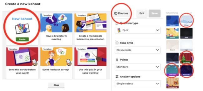 Kahoot Ideas: Themes Screenshots showing how to add themes to new Kahoots