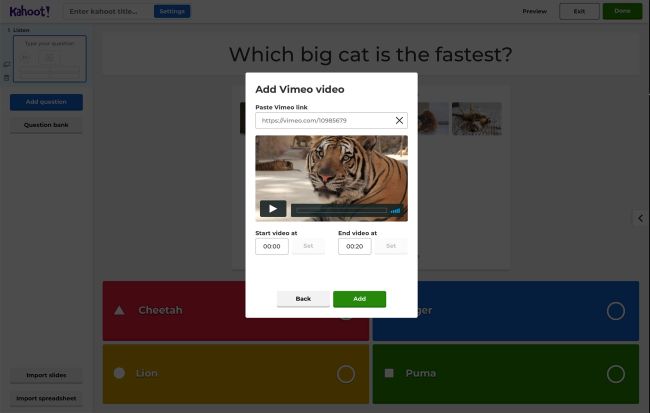 Kahoot Ideas: Vimeo Screen shot showing how to add a Vimeo video to Kahoot