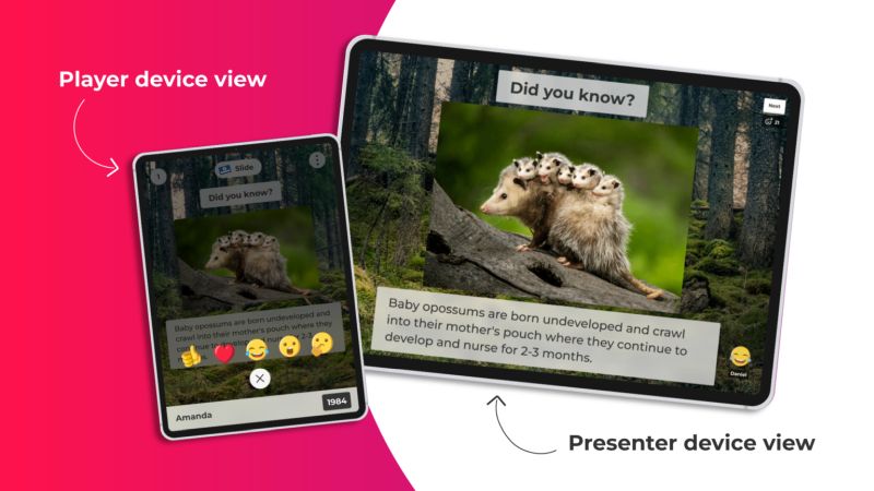 Kahoot Reactions Screens showing player and presenter views of Kahoot slides with Reaction emojis