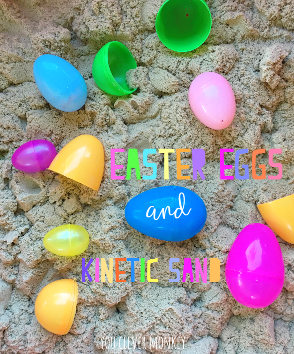 kineticsand Plastic easter eggs are laid out around kinetic sand.
