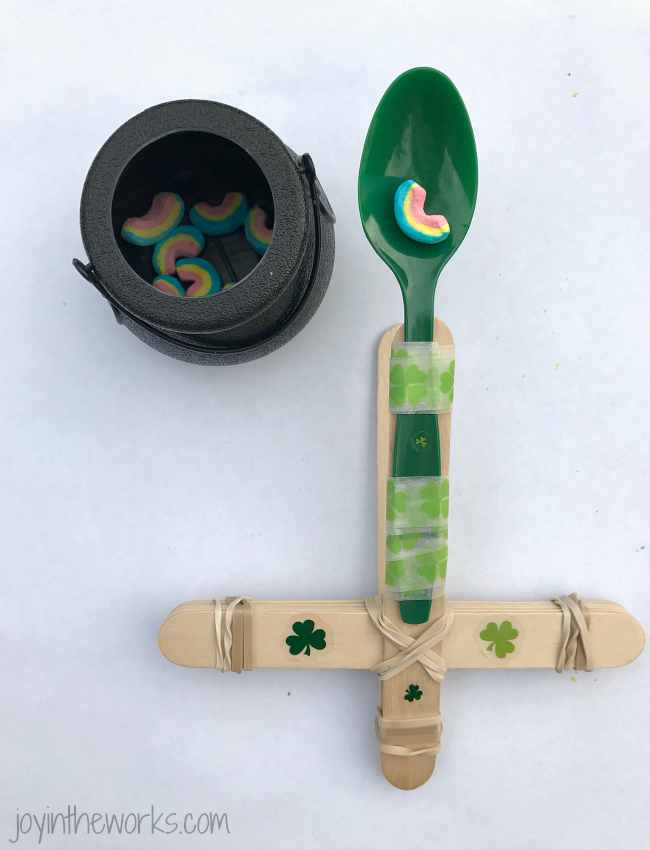 lucky-charm-catapult-3 DIY catapult made from craft sticks, rubber bands and a plastic spoon, as an example of St. Patrick's Day activities