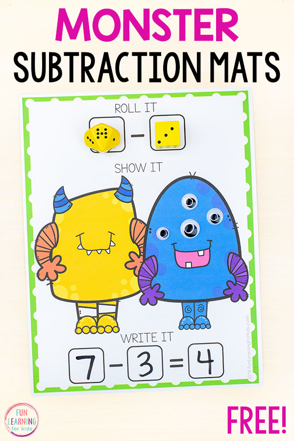 monster-subtraction-mats- A colorful poster for monster subtraction mats featuring cartoon blue and yellow monsters