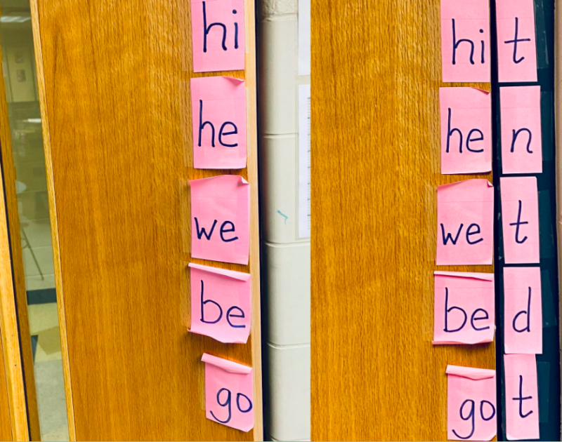 Open and Closed Syllables Door Classroom door with letter sticky notes arranged to teach open and closed syllable types