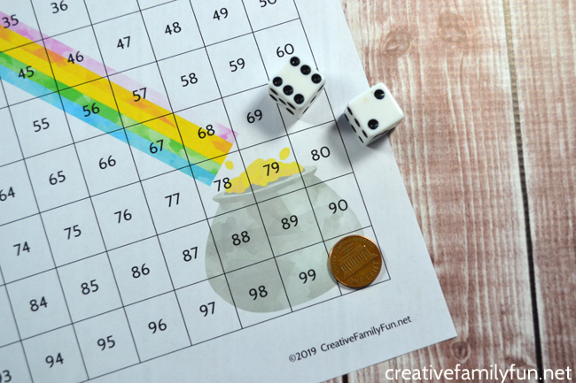 pot-of-gold-actiivty 100s board game with dice for saint patrick's day activity