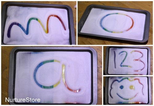rainbow-writing rainbow writing with salt trays activity for saint patrick's day