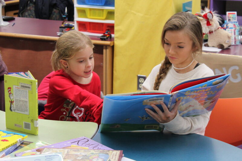 reading-buddies An older elementary student reads with a younger student at a desk as an example of read across america activities