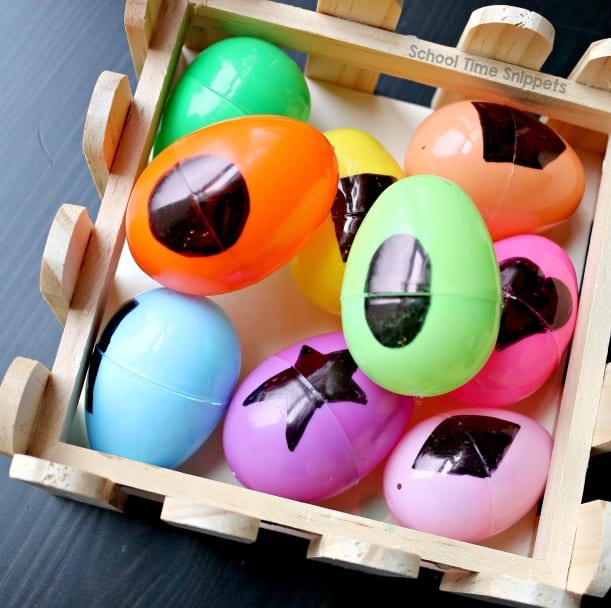 shape matching game preschoolers Plastic Easter eggs with shapes drawn across both halves (Easter Egg Activities)