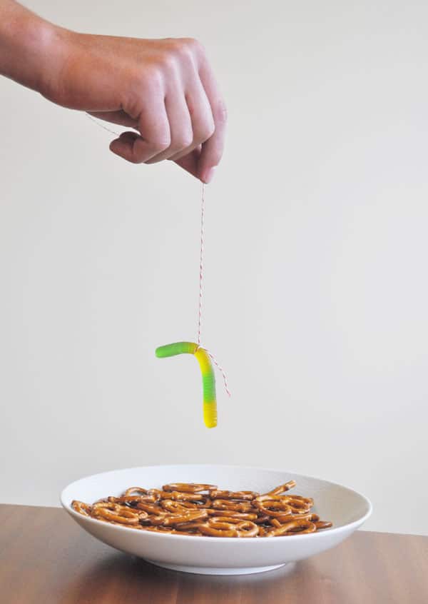 Worm Diving A hand is suspending a worm over a bowl of pretzels.