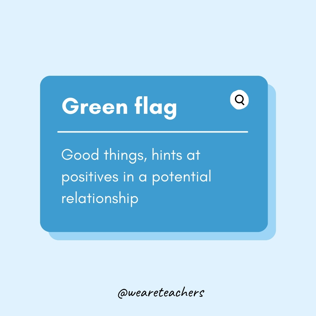 Green flag Good things, hints at positives in a potential relationship Green flag Good things, hints at positives in a potential relationship