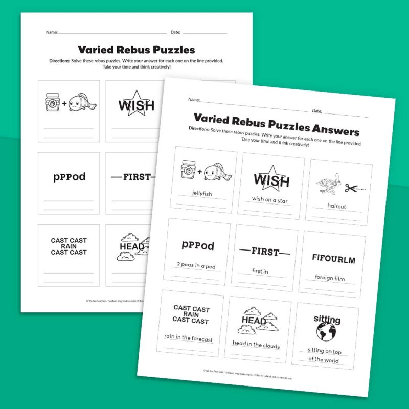 Rebus Puzzles Square 3 Two varied printable rebus puzzles on green background.