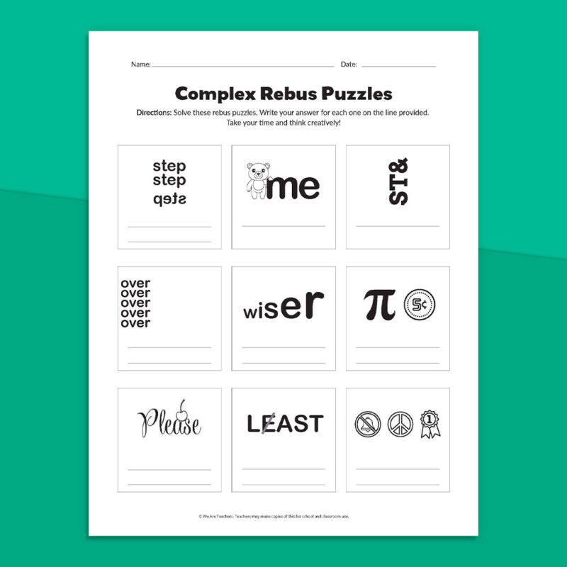 Rebus Puzzles Square 2 One printable sheet of rebus puzzles on green background.