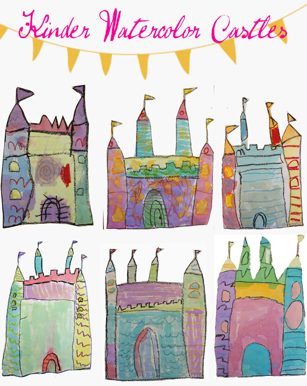 Kindergarten Art Projects: Watercolor Castles Six different drawings of castles are filled in with watercolor paint in this example of kindergarten art projects.