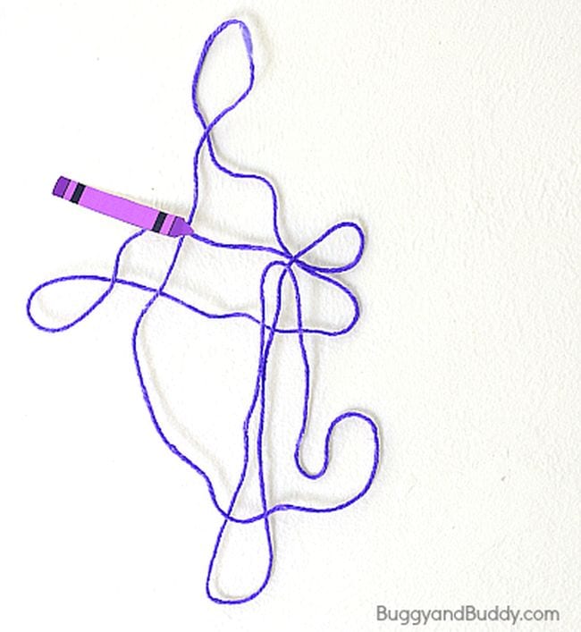 kindergarten art purple crayon yarn sculpture Purple yarn stiffened and shaped into a pattern, with a paper purple crayon at one end