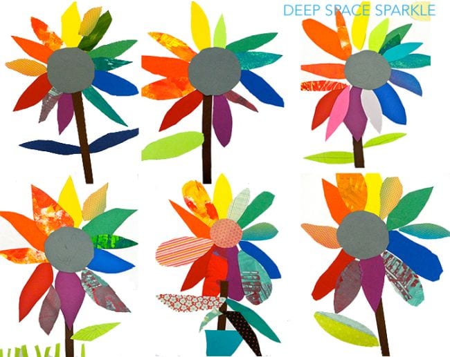Kindergarten Art Deep Space Sparkle Brightly colored flowers are shown in this example of kindergarten art projects.