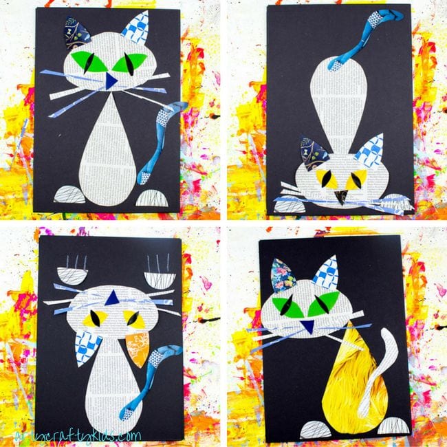 Kindergarten Art Newspaper Cats Cute cats made from shapes cut out of newspaper and magazines