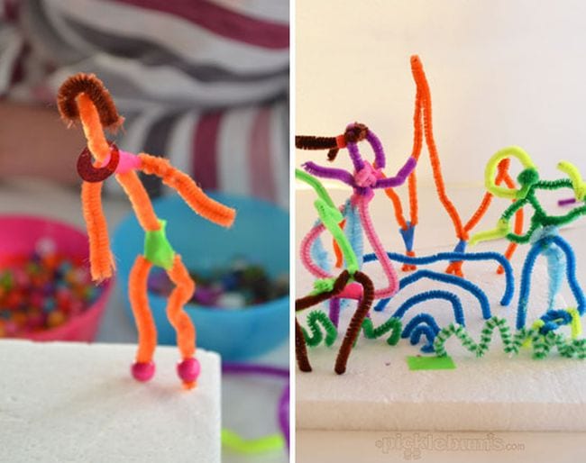 Kindergarten Art Picklebums Sculptures are made from pipe cleaners.
