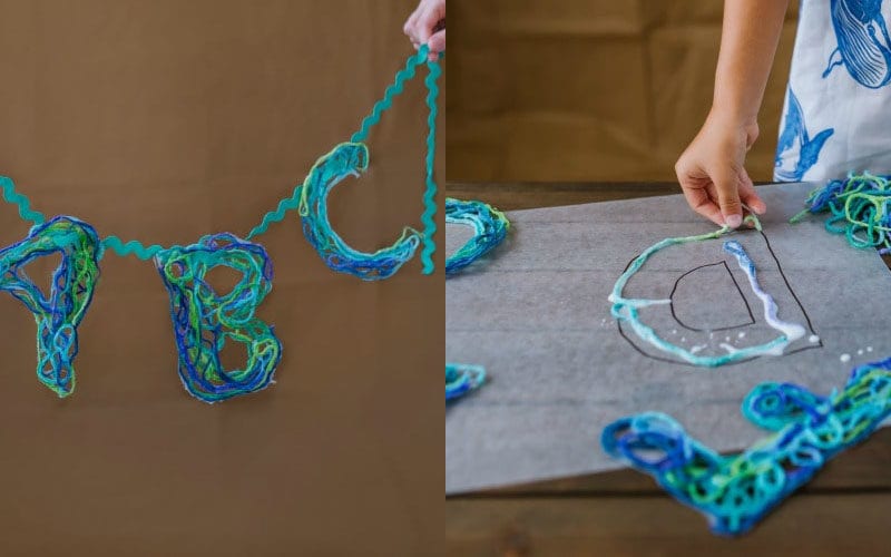 String Art A child makes letters from string in this example of kindergarten art projects.