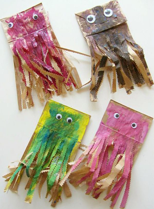 JellyFish Paper Bag Art Four jellyfish are made from paper bags and paint.
