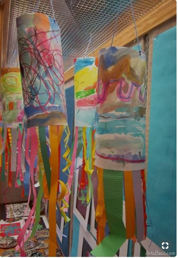 Wind Sock Art Colorful wind socks that have been made by children are shown.