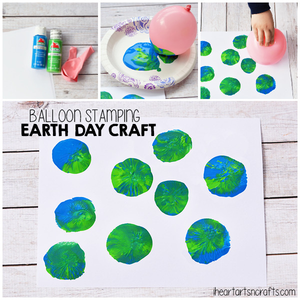 Balloon Stamping Earth shapes are made from blue and green paint dipped onto a balloon and pressed onto paper.