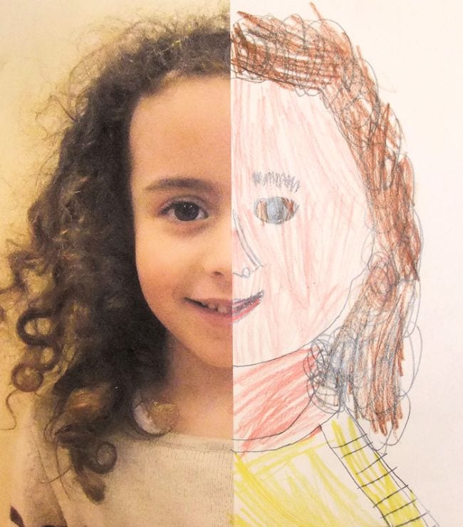 Kindergarten Art Art Is a Way A piece of art is shown that shows the left side as a photo of a child and the right side as a drawing of the other half of the photo in this example of kindergarten art projects.