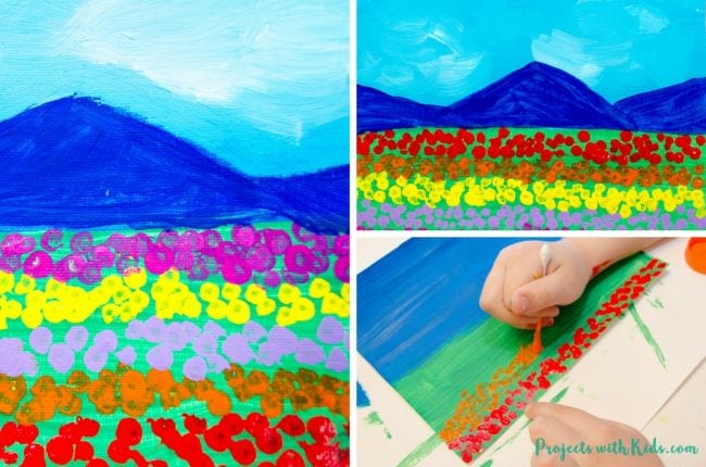Kindergarten Art Projects With Kids Several paintings of landscapes are shown. In the corner a child's hand is seen painting with a q-tip.