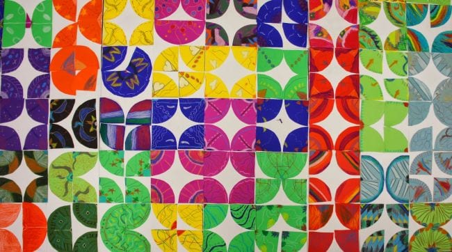 Kindergarten Art Shine Brite A colorful mosaic of squares is shown in this example of kindergarten art projects.
