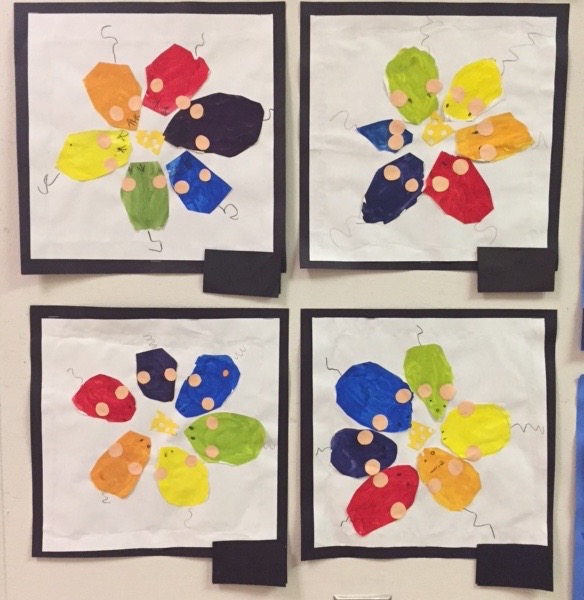 Mouse Color Wheel Four pieces of art are shown. They each have 6 mice painted in orange, red, purple, blue, green, yellow, and orange.