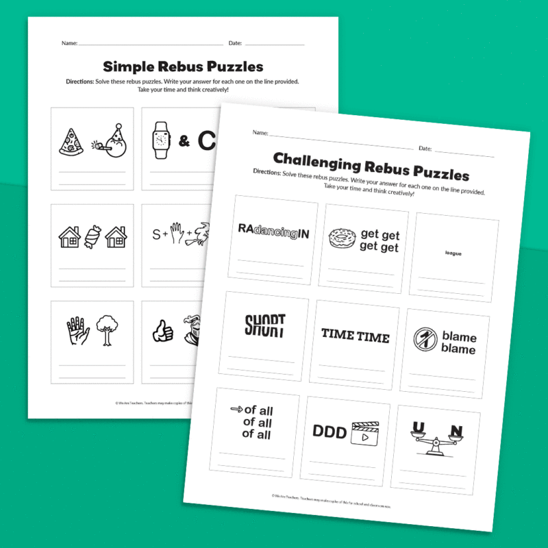 Rebus-Puzzles-Square Gif featuring various printable sheets of rebus puzzles.
