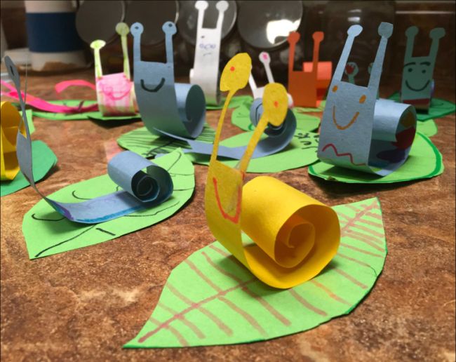 Kindergarten Art Projects: Paper Snails 3-D construction paper snails are shown in this example of kindergarten art projects.