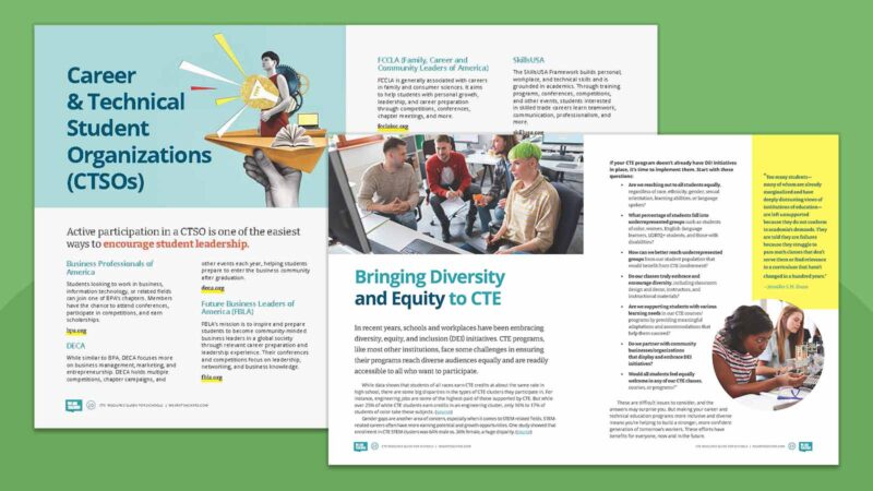 A Solid CTE Program Means More Options for Kids: Get Our Free Guide Images talking about CTSOs and DEI in CTE in the We Are Teachers Career and Technical Education guide