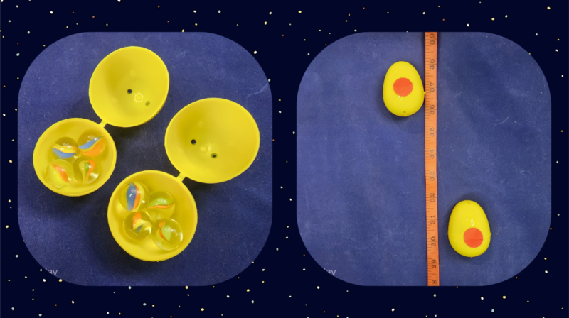 Gravity-Eggs The picture on the left shows two open plastic easter eggs with marbles inside. The picture on the right shows them closed and beside a tape measure.